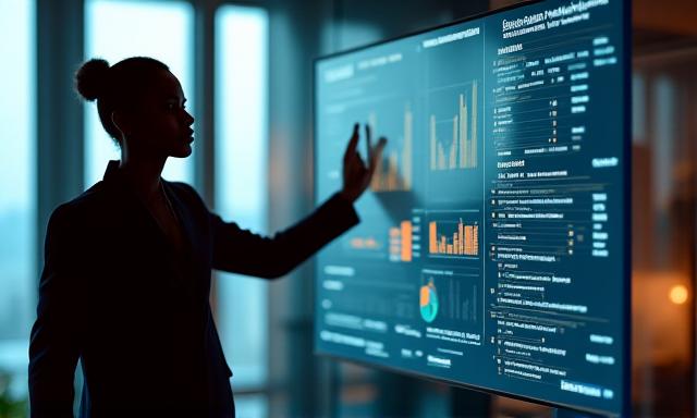Business professional analyzing churn rate graphs on a large touchscreen